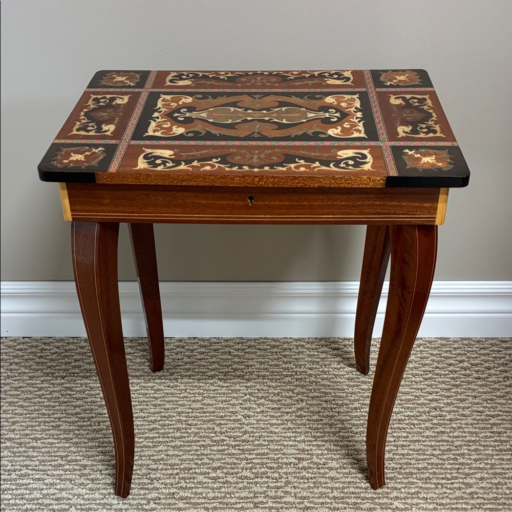 Vintage Italian Music Jewelry Table w Inlaid Marquetry; Swiss Music-'Love Story'